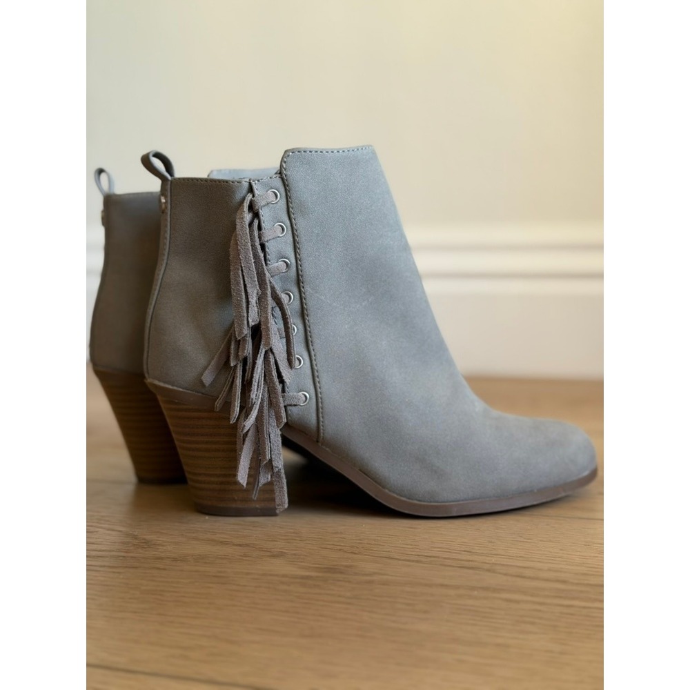 Circus by Sam Edelman Grey Faux Suede Fringe Ankle Boots Block Heel Western Boho